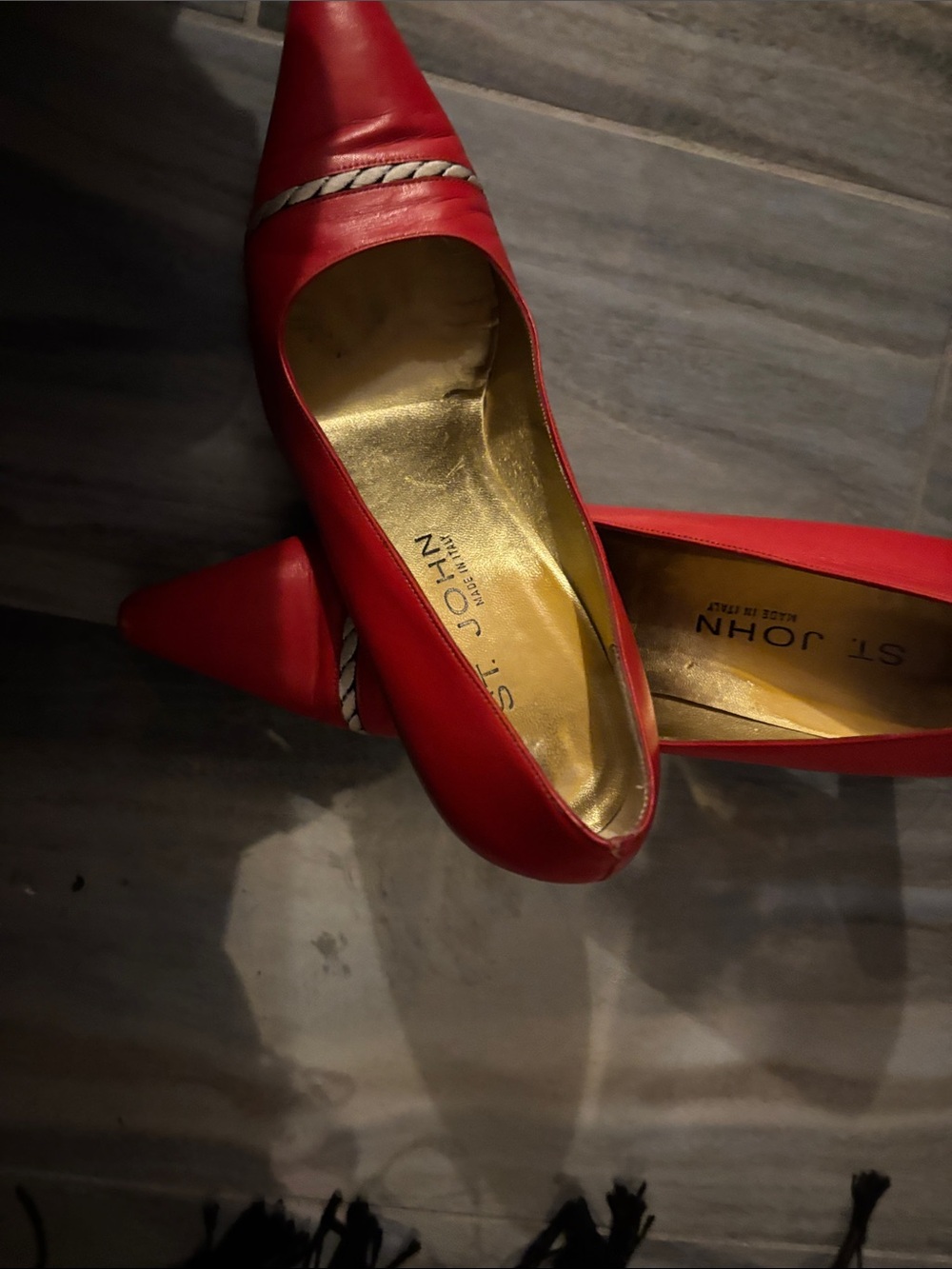 St. John Red Leather Pointed Toe Pumps with Braided Trim -4” heels